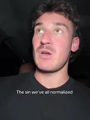 A man with short brown hair and a mustache looks up and to the right with a concerned expression. The text overlay states, The sin we've all normalized.