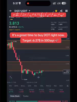 A screenshot of a trading app displaying a cryptocurrency chart. Text overlays are added to communicate investment advice and projected price targets.