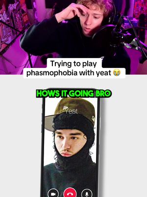 The image is a split composition. The top half shows a young man with light skin and blonde hair against a blurred backdrop and a microphone in front of him. He looks directly at the camera with his hands in front of his chest, as if he’s making a gesture toward the camera or speaking. Below this, the bottom half is a vertical phone displaying a video call with another young man wearing a black balaclava and a backward baseball cap. Text overlays are present.