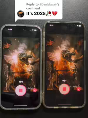 Two phones side-by-side displaying the same video, each showing a stylized image of what seems to be a dinosaur creature with fiery effects. The background behind the creature has figures in hats and a bright light illuminating the scene. Overlayed on the image are TikTok-style controls and a notification at the top.