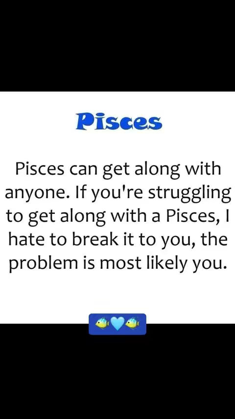 The image is divided horizontally with a black upper section and a white lower section. The text "Pisces" is displayed in blue, stylized font. Below, on white, is a paragraph discussing the zodiac sign Pisces and relationships. In the bottom section of the white space there are three emojis: a yellow fish, a blue heart, and another yellow fish.