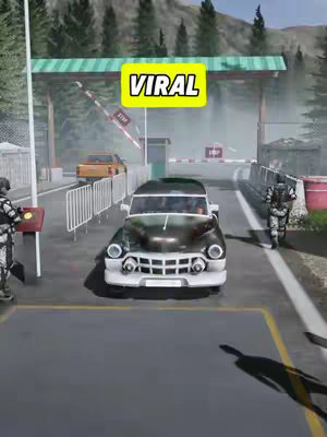 The image is a video game scene, likely from a mobile game. It shows a classic car approaching a border checkpoint. The scene is set with soldiers, barriers, and a backdrop of mountains and trees. A yellow banner with the word 'VIRAL' is placed in front.