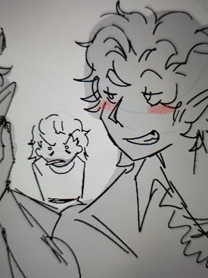 A sketch-style image with three figures drawn in black lines on a white background. In the foreground is a larger figure, facing right with visible details including short, spiky hair, an open-mouthed expression showing teeth, and flushed cheeks. Behind and slightly to the left, is a smaller figure with a similar face, but with a more angered expression. To the left, another figure is partially visible. The style is reminiscent of a comic, conveying emotion through simple linework and exaggerated features.
