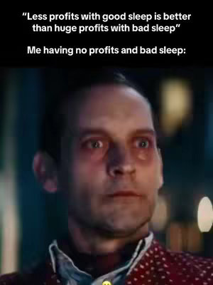 The cover image shows an extreme close-up of a man with red eyes, conveying tiredness or distress. Text overlays appear above and below the man, conveying a message about profits and sleep quality.