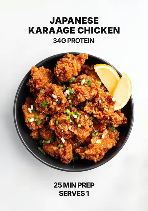 An overhead shot features a black bowl filled with golden-brown karaage chicken, garnished with chopped green onions and lemon wedges. The chicken pieces are arranged in the center against a white background. Text overlays at the top and bottom provide context such as dish name, protein information, and preparation details.