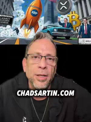 The cover image combines a live-action shot of a man at the bottom with a cartoonish illustration above. The illustration depicts a rocket blasting off with an XRP logo, a car with a businessman, and Bitcoin symbols, suggesting a financial or cryptocurrency theme. The man below is speaking directly to the camera against a black background, with text overlayed on his video.