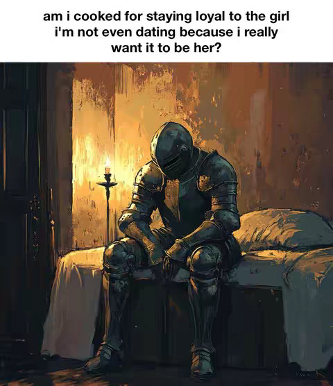 An artistic image depicts a knight in full armor, seated dejectedly on a bed. The knight's helmet is downcast, and the overall lighting is dim with a candle for illumination, creating a somber mood. The background resembles abstract brushstrokes of color.