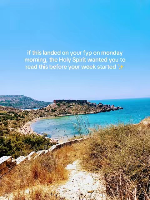 A scenic landscape featuring a bright blue sky, a turquoise bay, and a sandy beach. In the foreground, there's a path with stairs leading down some brushy weeds. Floating on the water there are some people, and on the horizon is a rocky cliff. Overlaid on the sky is white text.