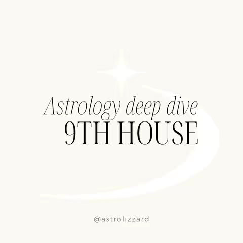 The cover image features text overlayed on a light, off-white background. The text reads 'Astrology deep dive' in an elegant serif font, with '9TH HOUSE' underneath in a bold, sans-serif font. A blurred, white, crescent-shaped design is on the right. The creator's username appears at the bottom.