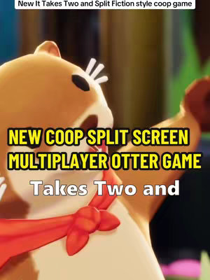 The cover image features a stylized animation of a light brown otter wearing a red scarf. The otter is the main focus, set against a blurred, ambiguous background. Text overlays in yellow and white call out the game's features and suggest a comparison to "It Takes Two."