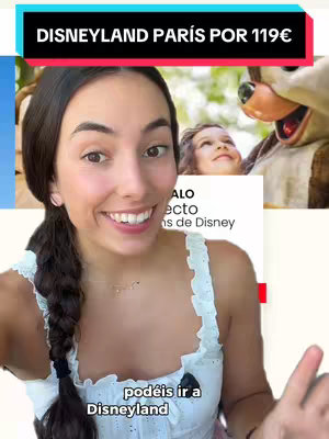 The image features a woman smiling directly at the camera. She is in the foreground, with a light-colored top and her hair braided. The background includes a blurred image of Disneyland Paris characters and logos. The background has a part of a sign in English and Spanish. A text overlay in a colored bar at the top proclaims "DISNEYLAND PARÍS POR 119€". The color palette is bright, with the woman's skin tone acting as a natural highlight.