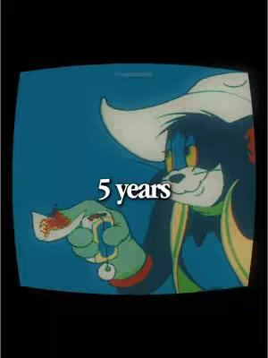 An animated character, resembling a cat wearing a cowboy hat and outfit, is featured on a teal background inside of a framed, television-like border. The text "5 years" is overlaid on the image.