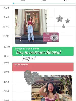 The cover image is a mock calendar layout with a mix of photos and text boxes. The top section shows a woman in a red top and ripped jeans in what appears to be a doorway, and above, illustrations of silver glitter stars are present. The middle part features green and pink rectangles with white text on them to add the how to recreate the viral content message. Below picture of the woman, and another image and then a final one.
