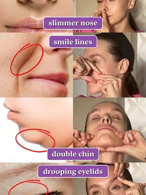 The image is a collage showing different facial areas and highlighting them with red circles, each associated with a label in a purple banner. The top left shows lips, the top right a side profile of a nose with another person applying pressure. In the center, another face with the skin pulled, and the bottom left shows a chin. The text overlay indicates facial exercises.