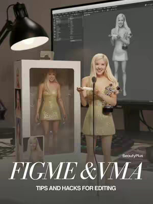 The image is a promotional shot featuring a woman in a sparkling gold dress. The background includes a computer monitor displaying a 3D rendering of a miniature figure resembling the style of the woman. A box containing a similar figure is on the left, and a desk lamp is positioned to the left as well. The overall lighting suggests an indoor setting, possibly a studio setup. "BeautyPlus" logo is visible in the bottom right.