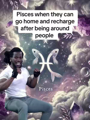 A man with a white t-shirt and gray pants sits with a background of a starry vortex with purple gemstones, clouds, and the Pisces symbol. He is flexing both arms with black gloves and has a gleeful expression.