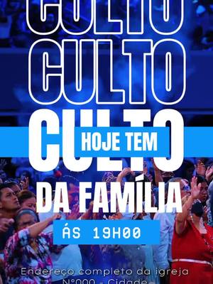 A blue and white graphic with the word 'CULTO' prominently displayed three times. The phrase 'HOJE TEM' is in a blue rectangle, and there is a crowd of people raising their hands in the background.