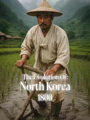 A man in traditional clothing is standing in a flooded rice paddy, holding the handles of a tool. The background features terraced rice fields, lush green vegetation, and a mountainous landscape under a hazy sky.