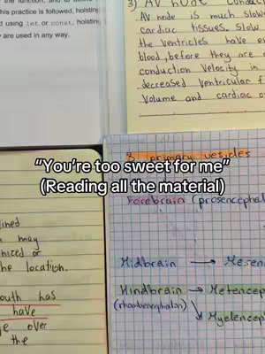 The image depicts a close-up of several handwritten notes on paper. The notes are in various colors, predominantly black and blue ink on yellow, green, and white paper. The central note reads, "You're too sweet for me" in a text bubble with the text "(Reading all the material)." Surrounding notes include what appears to be scientific or academic information, with the top right corner showing a heading 'AV node' followed by detailed notes on medical topics.