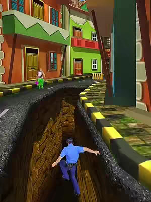 An animated image from a mobile game shows a street with a large chasm in the middle. A policeman is jumping over the chasm, and a man is standing at the edge, seemingly unaware. Colorful buildings line the street.