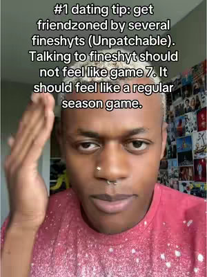 A selfie-style video cover image featuring a young man with short, bleached hair, a nose ring, and a red patterned shirt. The man has a somewhat serious expression, looking directly into the camera. Above him, a text overlay provides a dating tip.