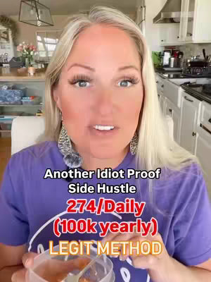 A woman with blonde hair holding a container, likely in a kitchen setting, with overlaid text promoting a side hustle opportunity with financial details.