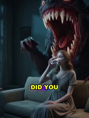 A woman wearing a dress is seated on a sofa and drinking from a glass. Behind her, a monstrous figure with a large mouth and sharp teeth is positioned, creating a horror-like atmosphere. Bold text overlay reading "DID YOU" is present.