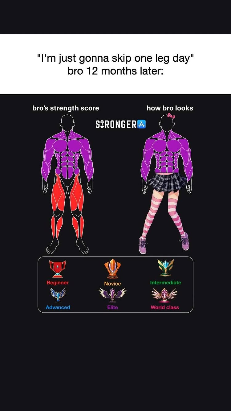 An image with a black background. It’s split into two columns and depicts a humorous comparison of physical strength. The left column has a detailed, purple-colored muscular illustration showing significant leg development in red, with the word 'Beginner' at the bottom. The right column displays a similar muscular illustration but with less leg development, wearing a skirt, bow, and stockings, showing the words 'how bro looks'. Below there are different strength levels: Beginner, Novice, Intermediate, Advanced, Elite, World class.