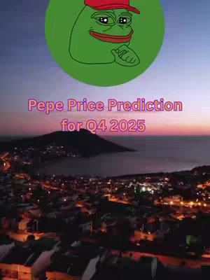 The image shows a nighttime cityscape under a twilight sky, with a Pepe the Frog meme overlaid in a circular green frame at the top. Below the meme is text predicting the Pepe price for Q4 2025.