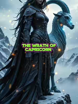An AI-generated stylized image of a woman in dark armor, placed on a rocky surface with a goat-like creature beside her. The background consists of snowy mountains and a cloudy sky. Text overlayed reads 'The Wrath of Capricorn'.