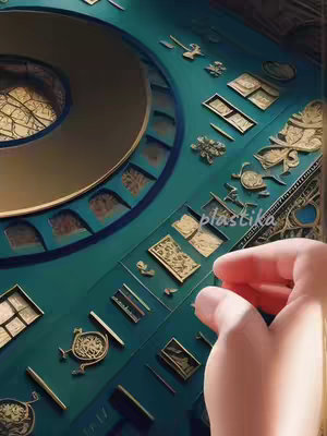 An artistic image of a teal table with a central, circular gold design. The table surface is adorned with various gold-colored, jewel-like embellishments. A hand, only partially visible, appears to be touching the table with its index finger.