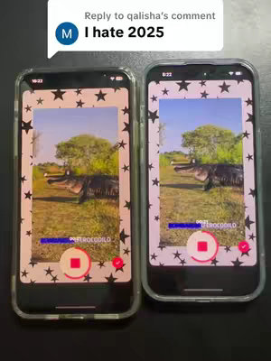 The image shows two iPhones side-by-side displaying a video of a crocodile on a grassy field with trees under a blue sky. Each phone has the red record button on the screen. Above the phones, on a white box, the text says, Reply to qualisha's comment with I hate 2025.