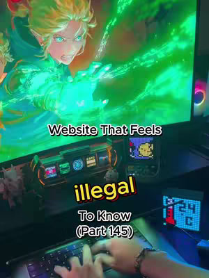 A person is typing on a black keyboard in front of a computer monitor, which shows a digital illustration of a character from a video game. Overlayed on the screen are the words "Website That Feels illegal" in a white, yellow, and red font. Below that, the text "To Know (Part 145)" appears in a similar color scheme. Additional objects are visible in the background, including a small digital display, circular decorations, and other electronic devices.