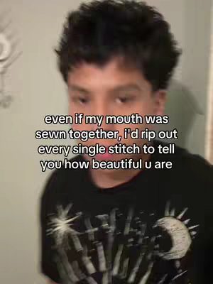 The image features a young man with dark hair and a black t-shirt, positioned in front of a neutral background. Text overlays the image, conveying a romantic message.