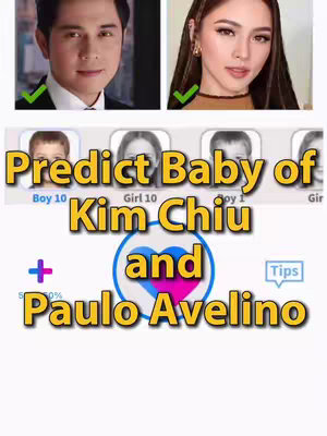 The image is a composite featuring the faces of a man and a woman, placed at the top, and a series of predicted baby face images below. The text overlay reads 'Predict Baby of Kim Chiu and Paulo Avelino'. The background is a clean white.