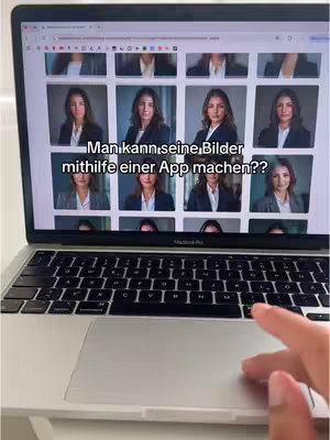 The cover image shows a laptop displaying a website with multiple headshot options of the same woman, styled in a professional blazer. Text overlays the laptop screen, and a hand is visible, presumably the creator interacting with the laptop.