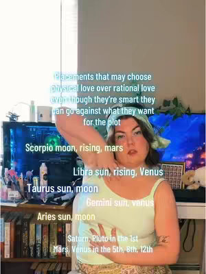 A woman with dark hair and a light green headband is posing in front of a bookcase and computer. Text overlays outline astrological placements, with a light blue, glowing font.