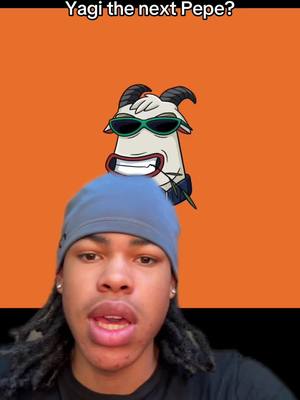 A young man with dark hair and facial hair is centered in the frame. Behind him is a stylized image of a goat wearing sunglasses, set against an orange background. The goat graphic appears to sit atop the man's head.
