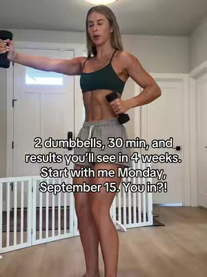 A woman in athletic wear is working out with dumbbells in a home setting. Text overlays indicate a fitness challenge.