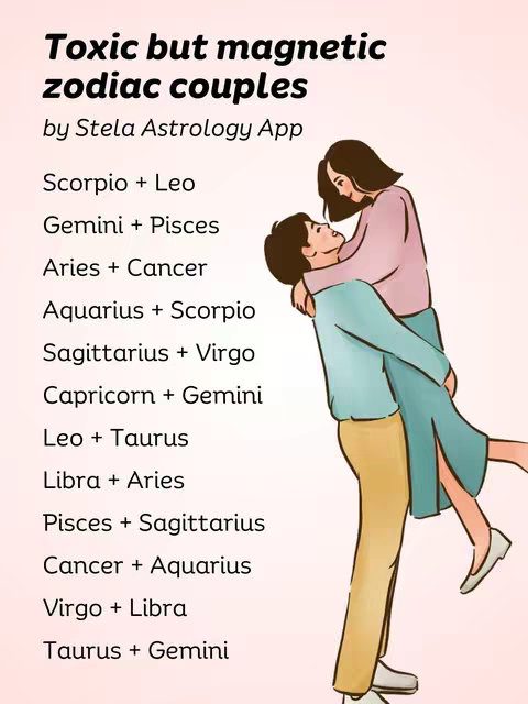 An illustration shows a couple, a man holding the woman in his arms. Text overlaid on the image lists zodiac couples.