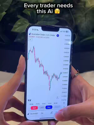 A person's hands holding a smartphone displaying a stock chart. The phone's screen shows a fluctuating red and white line graph against a dark background, with price scales on the right.  The phone screen also displays trading information such as Australian Dollar against the U.S. Dollar. The background is of blurry green foliage.