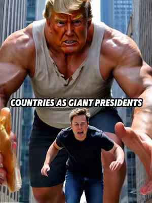 An image depicting Elon Musk running away from a giant, musclebound figure resembling Donald Trump, set against an urban backdrop with skyscrapers. The Trump-like figure has exaggerated features and is wearing a tank top, implying a parody of a superhero or a symbol of power. The text overlayed at the top of the image reads "COUNTRIES AS GIANT PRESIDENTS".