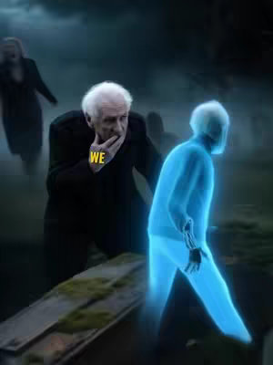 The cover image depicts a spooky scene with several figures in a hazy, outdoor environment. An older man with white hair and a dark suit is in the foreground, gazing thoughtfully with his hand on his chin. Adjacent to him is a translucent, blue-glowing figure, that also seems like a man. In the background, other ghostly figures are faintly visible, giving the impression of a graveyard or a similar place of the dead. The color palette is characterized by dark blues, grays, and muted greens, creating a mysterious and eerie atmosphere.