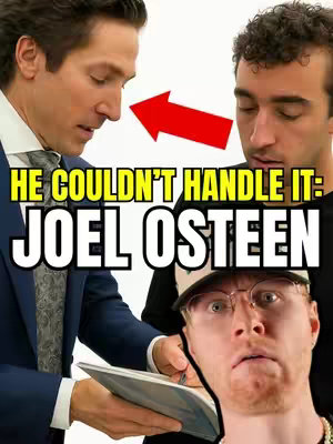 The image is a composite featuring three men. At the top left, a man in a suit is facing another man, with a red arrow pointing from the first man's eyes towards the head of a man in the lower right corner. The lower right man is staring at the camera with a surprised expression. White text overlayed reads:
'HE COULDN'T HANDLE IT:
JOEL OSTEEN'
