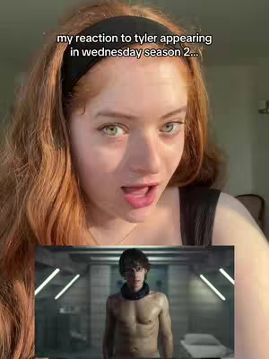 The cover image features a woman with auburn hair looking at the viewer with an open mouth expression. Below her is an embedded still from "Wednesday" season two of a shirtless male character in a futuristic setting. Covering the woman’s head is a black headband. On the image appears overlaid text.