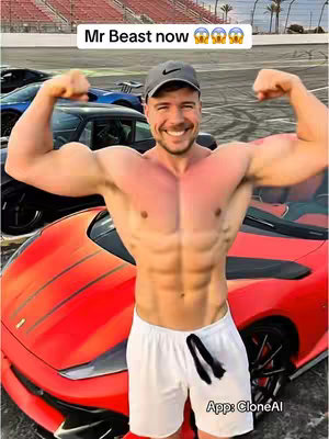 The image shows a muscular man flexing his biceps, posing shirtless in front of a group of cars, including a red Ferrari. Text overlay on the top says 'Mr Beast now'.