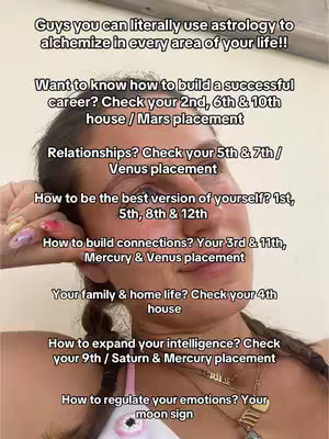 A selfie-style shot featuring a woman with a background of a wall. Text overlays provide information about astrology, and are aligned to the left, while the woman is positioned partially on the right, looking up slightly off-camera.