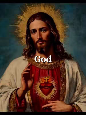 The cover image is a painting depicting Jesus Christ with a radiant halo. He has long, flowing brown hair and a beard, and he's wearing a red garment with a heart design and a white robe. The word 'God' is overlaid in white text.
