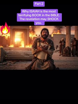 The image shows a man kneeling in a dramatic scene set during a fire or destruction. The man is clutching scrolls with a look of distress on his face, and the background has a burning structure with other figures in the distance. Text overlaid on the image, in a purple box at the top, reads 'Part 2 Why ISAIAH is the most terrifying BOOK in the BIBLE. The revelation may SHOCK you.' There's also a flame graphic on the top left.