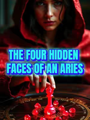 The cover image features a woman in a red hooded cloak, gazing toward the viewer with a serious expression. In the foreground, a game board with gem-like pieces and a central red chess piece is visible. A blue, glowing text overlay reads "THE FOUR HIDDEN FACES OF AN ARIES". The overall composition has a mystical and dramatic feel, with a focus on the woman's face and the symbolic elements.